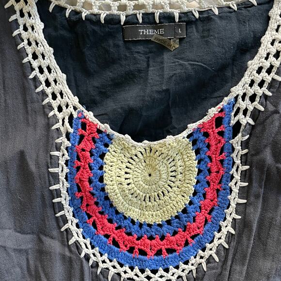 Theme Crochet Tunic Mini Dress Navy Blue Cap Sleeves Size Large - Picture 11 of 11